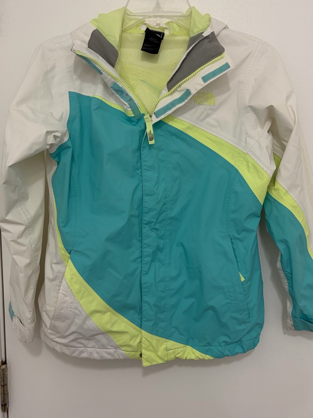 The North Face Girls' White, Teal & Neon Yellow Hooded Rain Jacket